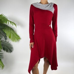 Womens Red Cottagecore Boho Irregular Hem Cowl Neck Long Sleeve Sweater Dress /M